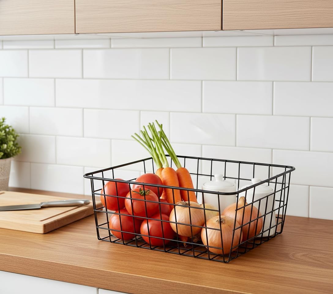 LeleCAT Large black wire basket for Organizing with Wooden Handles,pantry refrigerator organizers and storage,Snack Storage Baskets for Cabinets, Closets, Bedrooms, kitchen -2pack（Black）