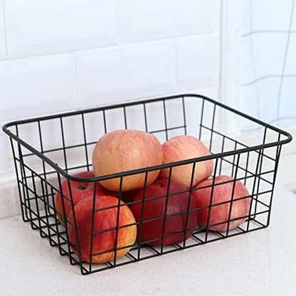 LeleCAT Large black wire basket for Organizing with Wooden Handles,pantry refrigerator organizers and storage,Snack Storage Baskets for Cabinets, Closets, Bedrooms, kitchen -2pack（Black）