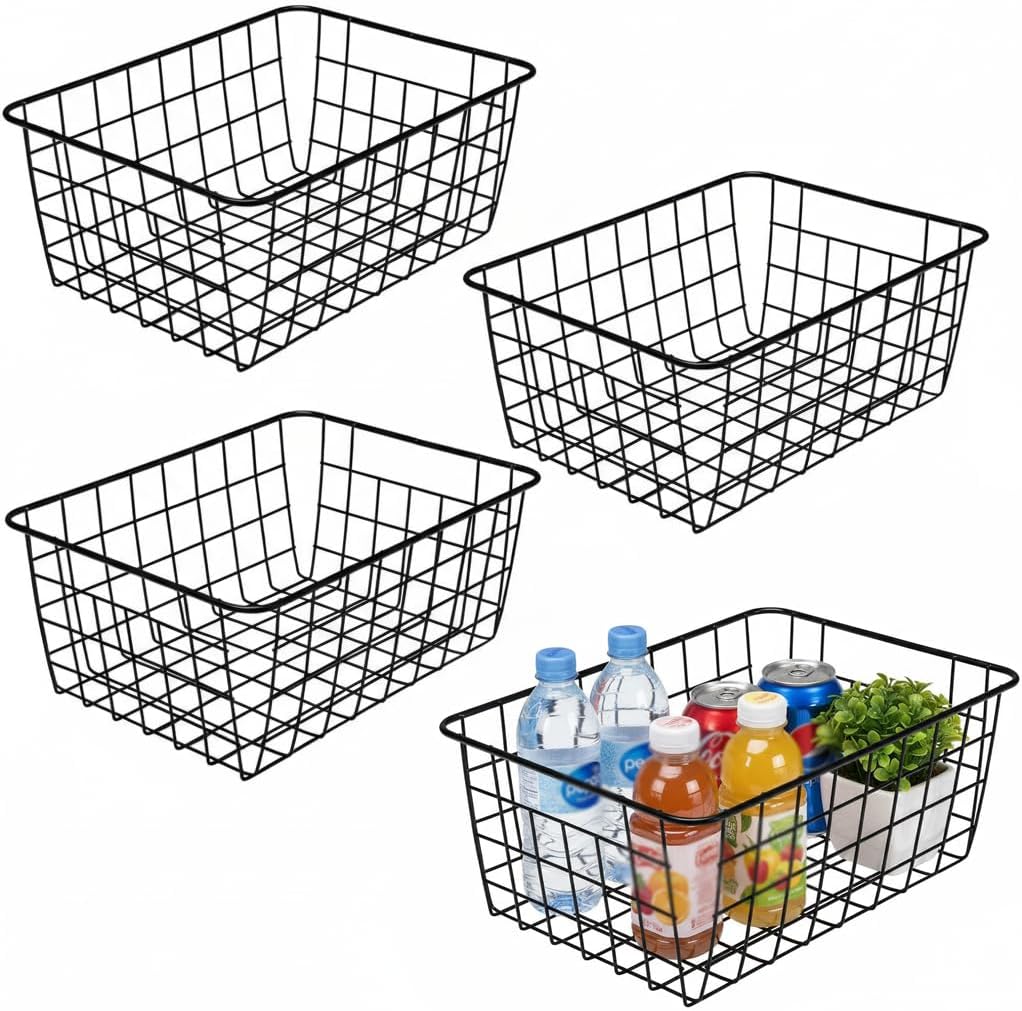 LeleCAT Large black wire basket for Organizing with Wooden Handles,pantry refrigerator organizers and storage,Snack Storage Baskets for Cabinets, Closets, Bedrooms, kitchen -2pack（Black）