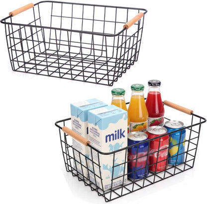 LeleCAT Large black wire basket for Organizing with Wooden Handles,pantry refrigerator organizers and storage,Snack Storage Baskets for Cabinets, Closets, Bedrooms, kitchen -2pack（Black）