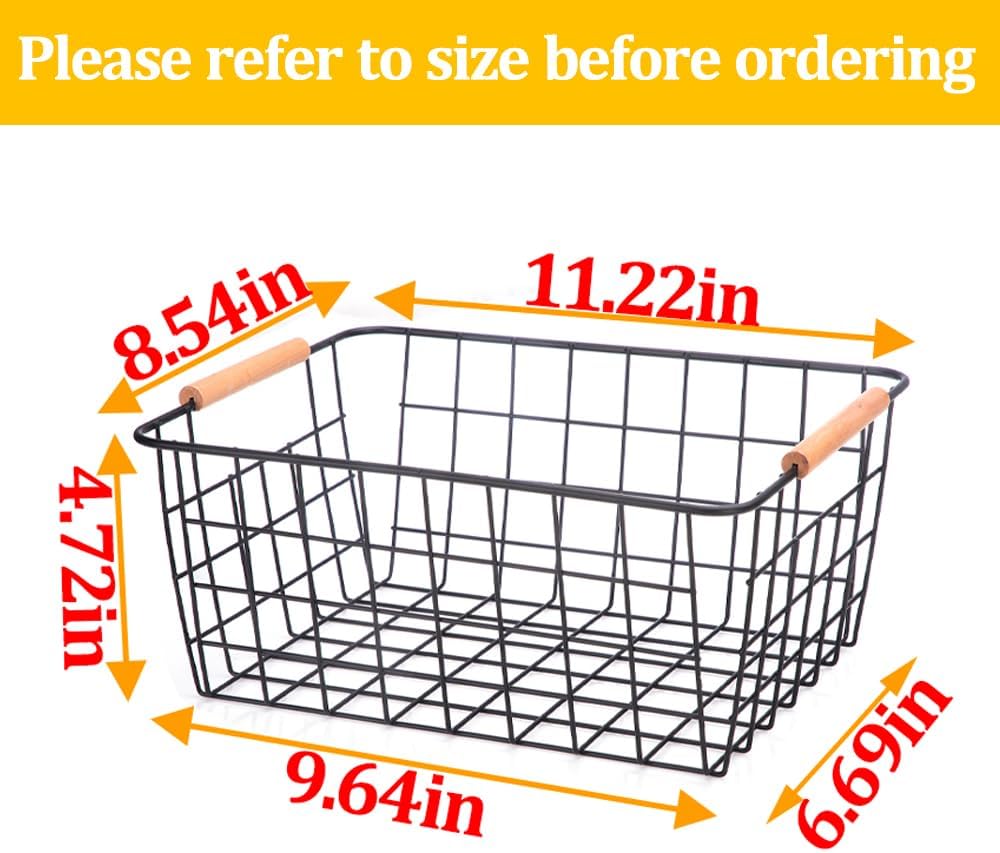 LeleCAT Large black wire basket for Organizing with Wooden Handles,pantry refrigerator organizers and storage,Snack Storage Baskets for Cabinets, Closets, Bedrooms, kitchen -2pack（Black）