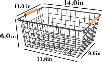 LeleCAT Large black wire basket for Organizing with Wooden Handles,pantry refrigerator organizers and storage,Snack Storage Baskets for Cabinets, Closets, Bedrooms, kitchen -2pack（Black）