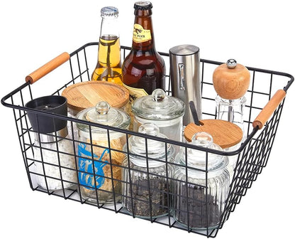 LeleCAT Large black wire basket for Organizing with Wooden Handles,pantry refrigerator organizers and storage,Snack Storage Baskets for Cabinets, Closets, Bedrooms, kitchen -2pack（Black）
