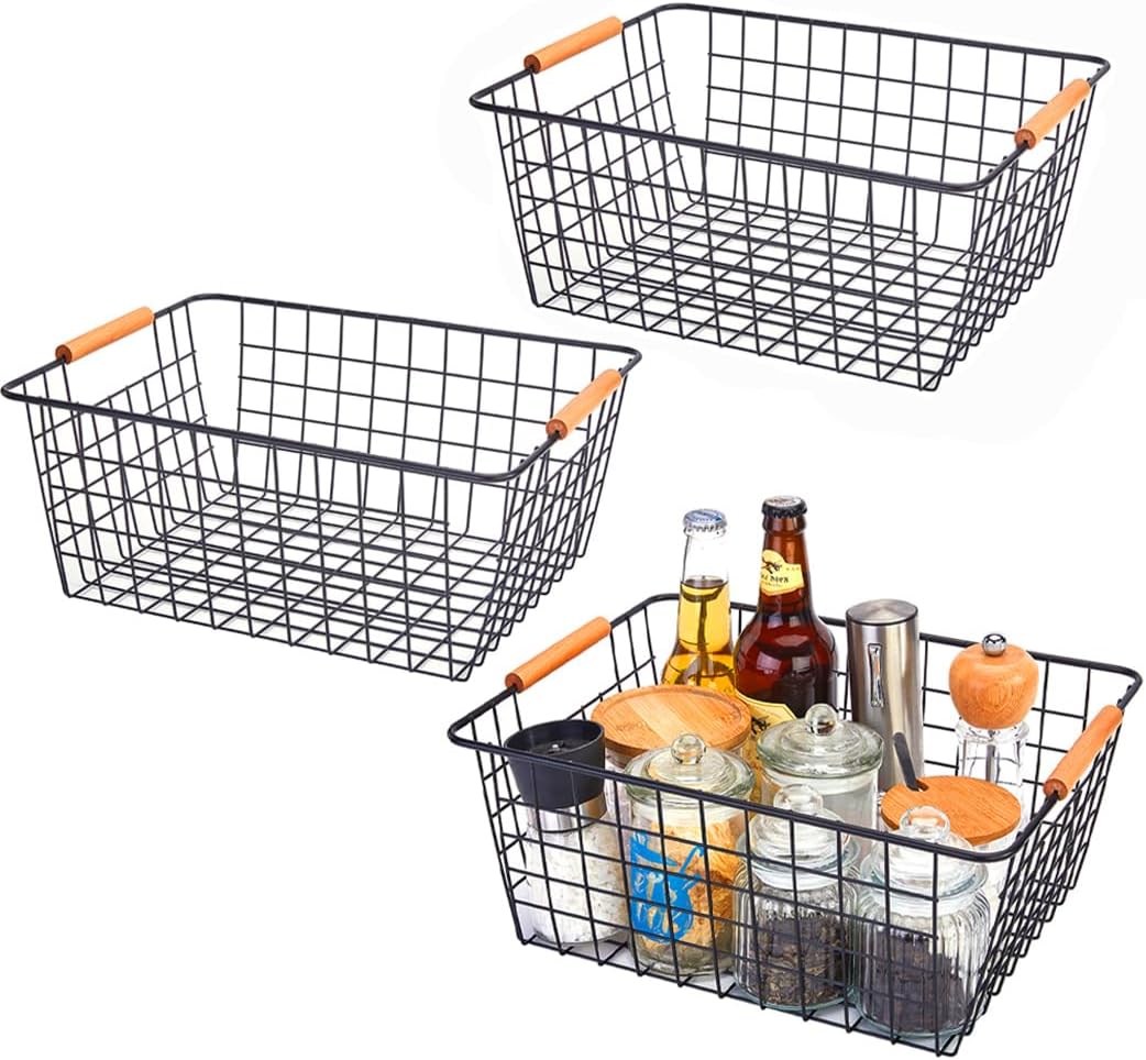 LeleCAT Large black wire basket for Organizing with Wooden Handles,pantry refrigerator organizers and storage,Snack Storage Baskets for Cabinets, Closets, Bedrooms, kitchen -2pack（Black）
