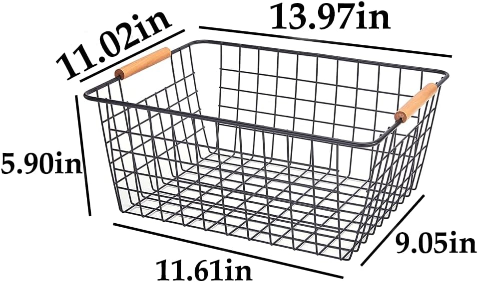 LeleCAT Large black wire basket for Organizing with Wooden Handles,pantry refrigerator organizers and storage,Snack Storage Baskets for Cabinets, Closets, Bedrooms, kitchen -2pack（Black）