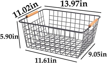 LeleCAT Large black wire basket for Organizing with Wooden Handles,pantry refrigerator organizers and storage,Snack Storage Baskets for Cabinets, Closets, Bedrooms, kitchen -2pack（Black）