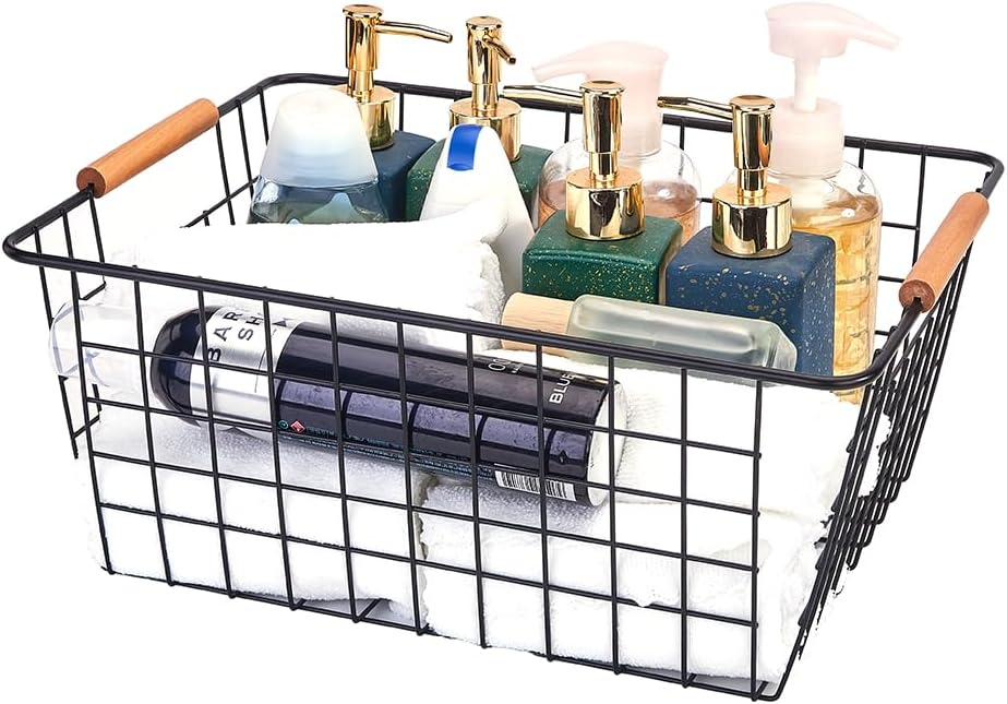 LeleCAT Large black wire basket for Organizing with Wooden Handles,pantry refrigerator organizers and storage,Snack Storage Baskets for Cabinets, Closets, Bedrooms, kitchen -2pack（Black）