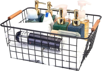 LeleCAT Large black wire basket for Organizing with Wooden Handles,pantry refrigerator organizers and storage,Snack Storage Baskets for Cabinets, Closets, Bedrooms, kitchen -2pack（Black）