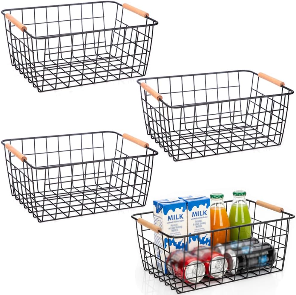 LeleCAT Large black wire basket for Organizing with Wooden Handles,pantry refrigerator organizers and storage,Snack Storage Baskets for Cabinets, Closets, Bedrooms, kitchen -2pack（Black）