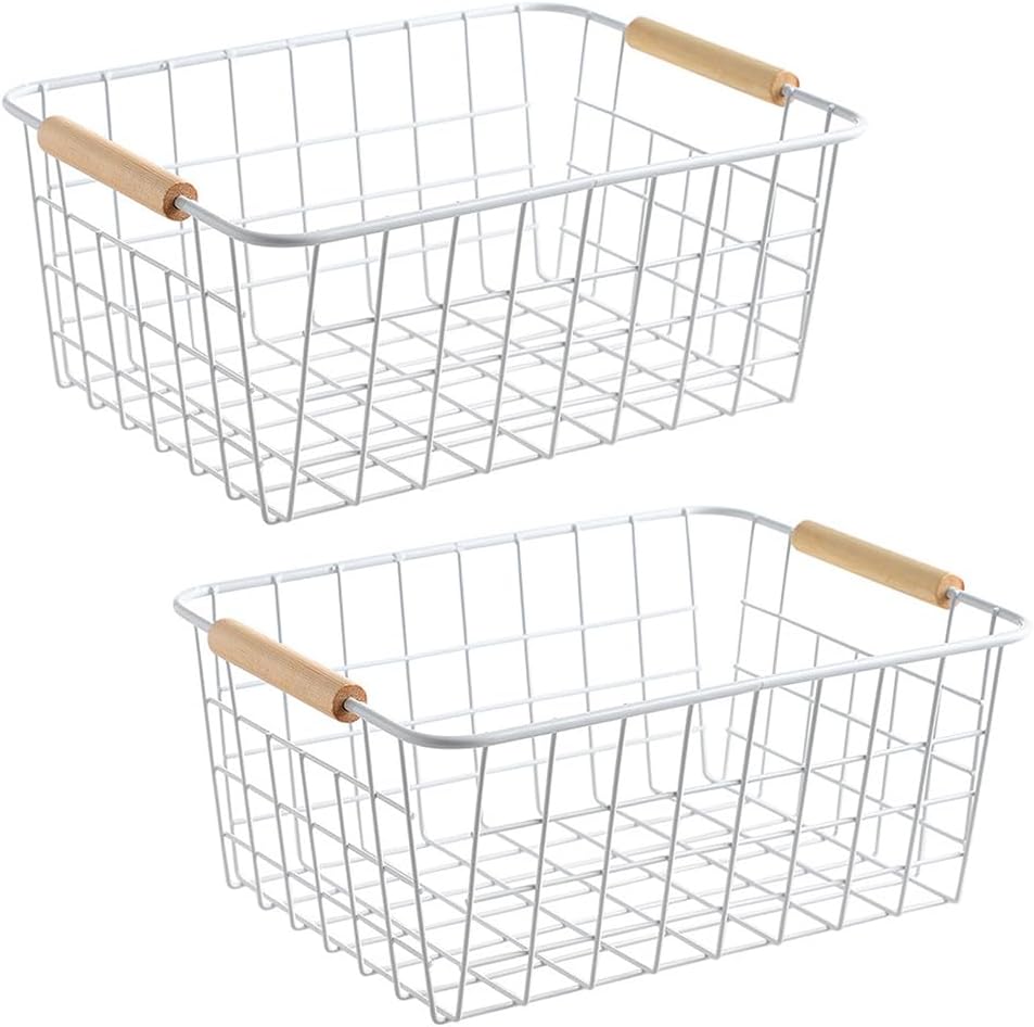 LeleCAT Large black wire basket for Organizing with Wooden Handles,pantry refrigerator organizers and storage,Snack Storage Baskets for Cabinets, Closets, Bedrooms, kitchen -2pack（Black）