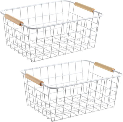 LeleCAT Large black wire basket for Organizing with Wooden Handles,pantry refrigerator organizers and storage,Snack Storage Baskets for Cabinets, Closets, Bedrooms, kitchen -2pack（Black）