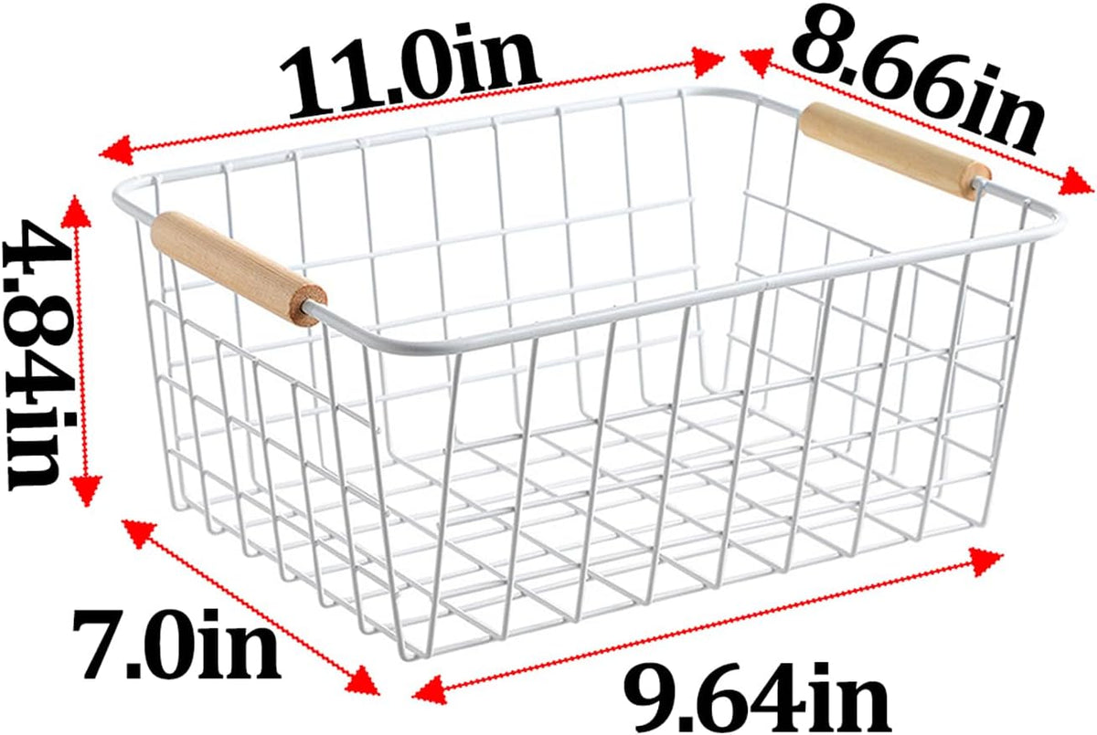 LeleCAT Large black wire basket for Organizing with Wooden Handles,pantry refrigerator organizers and storage,Snack Storage Baskets for Cabinets, Closets, Bedrooms, kitchen -2pack（Black）