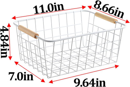 LeleCAT Large black wire basket for Organizing with Wooden Handles,pantry refrigerator organizers and storage,Snack Storage Baskets for Cabinets, Closets, Bedrooms, kitchen -2pack（Black）