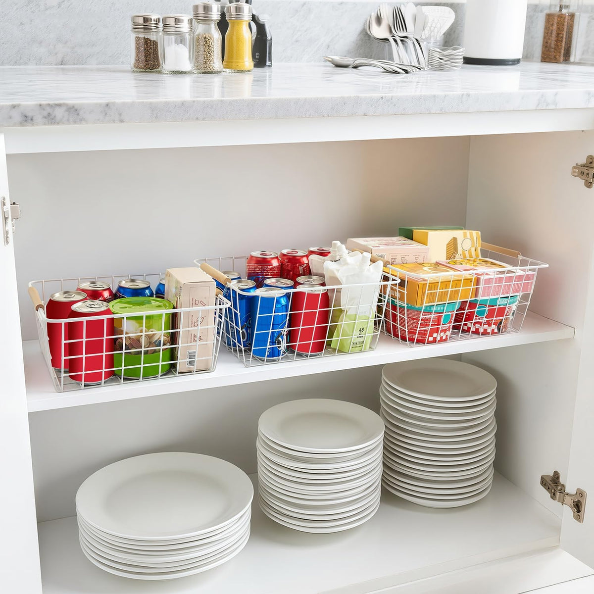 LeleCAT Large black wire basket for Organizing with Wooden Handles,pantry refrigerator organizers and storage,Snack Storage Baskets for Cabinets, Closets, Bedrooms, kitchen -2pack（Black）