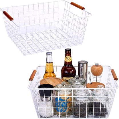 LeleCAT Large black wire basket for Organizing with Wooden Handles,pantry refrigerator organizers and storage,Snack Storage Baskets for Cabinets, Closets, Bedrooms, kitchen -2pack（Black）