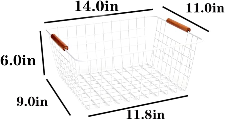 LeleCAT Large black wire basket for Organizing with Wooden Handles,pantry refrigerator organizers and storage,Snack Storage Baskets for Cabinets, Closets, Bedrooms, kitchen -2pack（Black）