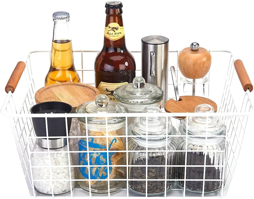 LeleCAT Large black wire basket for Organizing with Wooden Handles,pantry refrigerator organizers and storage,Snack Storage Baskets for Cabinets, Closets, Bedrooms, kitchen -2pack（Black）