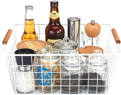 LeleCAT Large black wire basket for Organizing with Wooden Handles,pantry refrigerator organizers and storage,Snack Storage Baskets for Cabinets, Closets, Bedrooms, kitchen -2pack（Black）