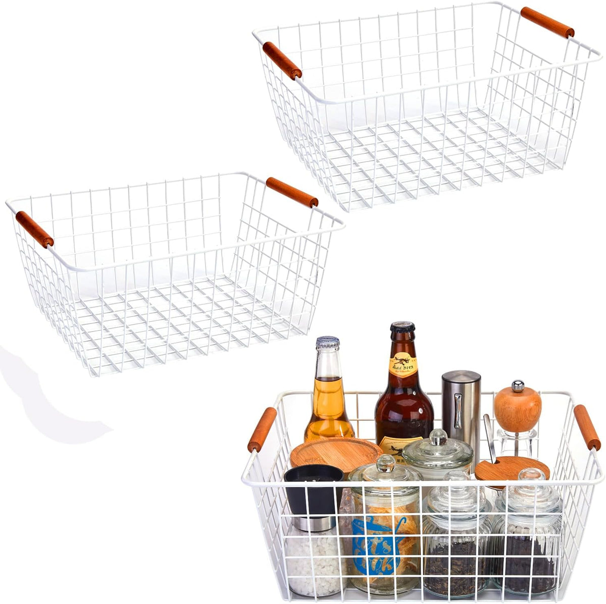 LeleCAT Large black wire basket for Organizing with Wooden Handles,pantry refrigerator organizers and storage,Snack Storage Baskets for Cabinets, Closets, Bedrooms, kitchen -2pack（Black）