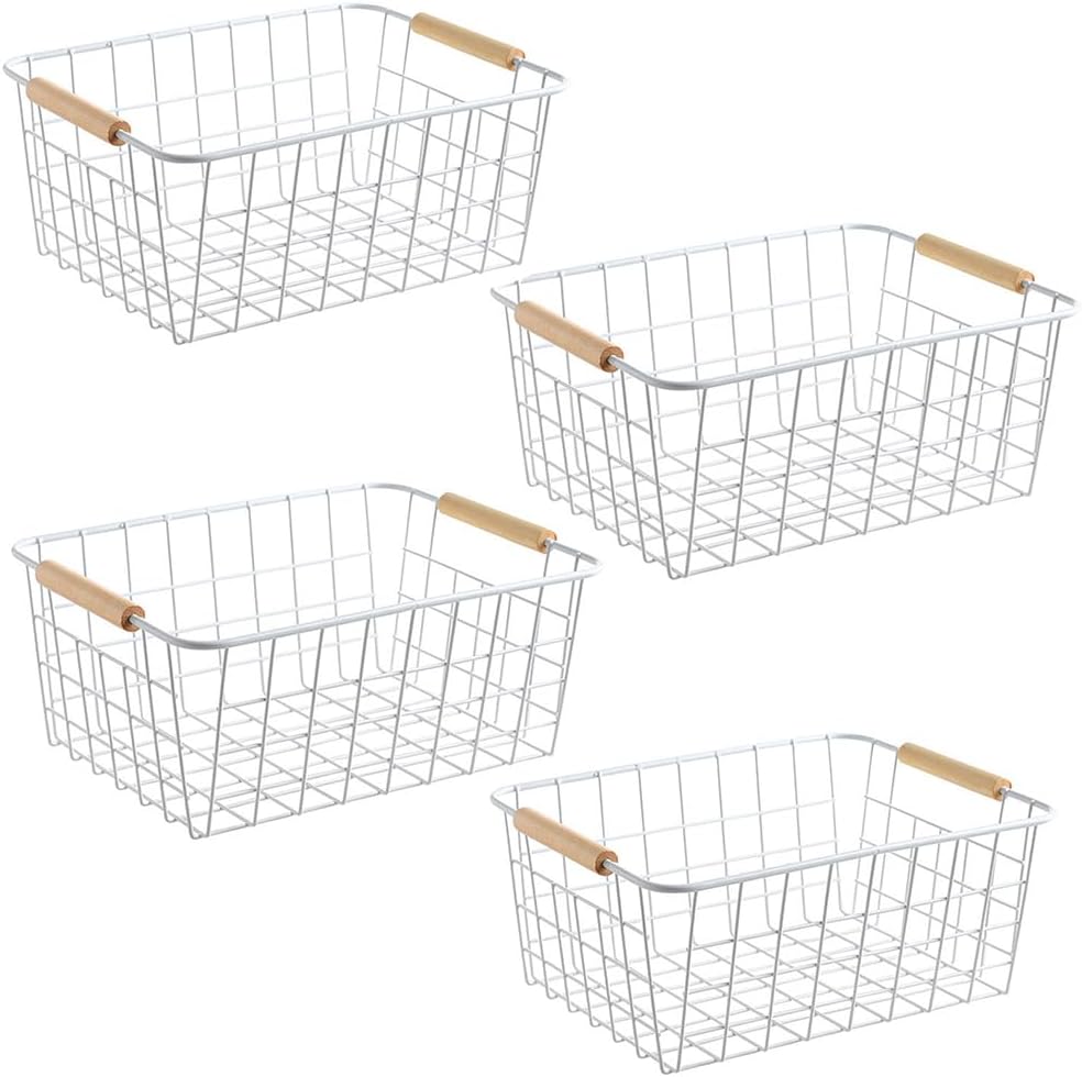 LeleCAT Large black wire basket for Organizing with Wooden Handles,pantry refrigerator organizers and storage,Snack Storage Baskets for Cabinets, Closets, Bedrooms, kitchen -2pack（Black）