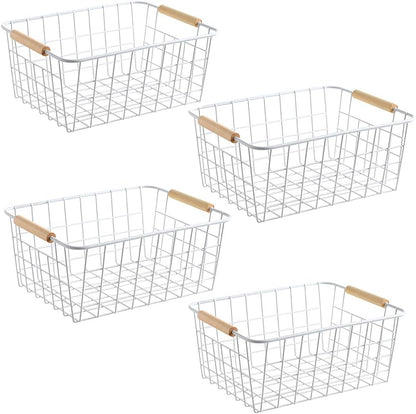LeleCAT Large black wire basket for Organizing with Wooden Handles,pantry refrigerator organizers and storage,Snack Storage Baskets for Cabinets, Closets, Bedrooms, kitchen -2pack（Black）