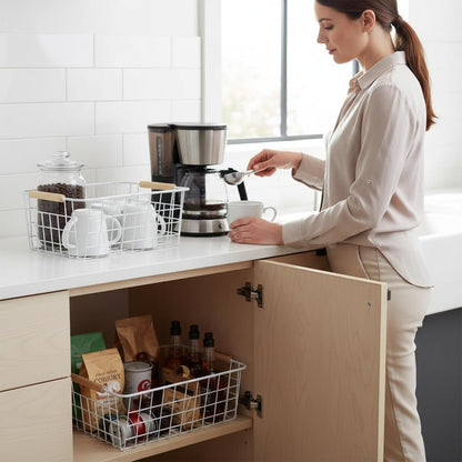 LeleCAT Large black wire basket for Organizing with Wooden Handles,pantry refrigerator organizers and storage,Snack Storage Baskets for Cabinets, Closets, Bedrooms, kitchen -2pack（Black）