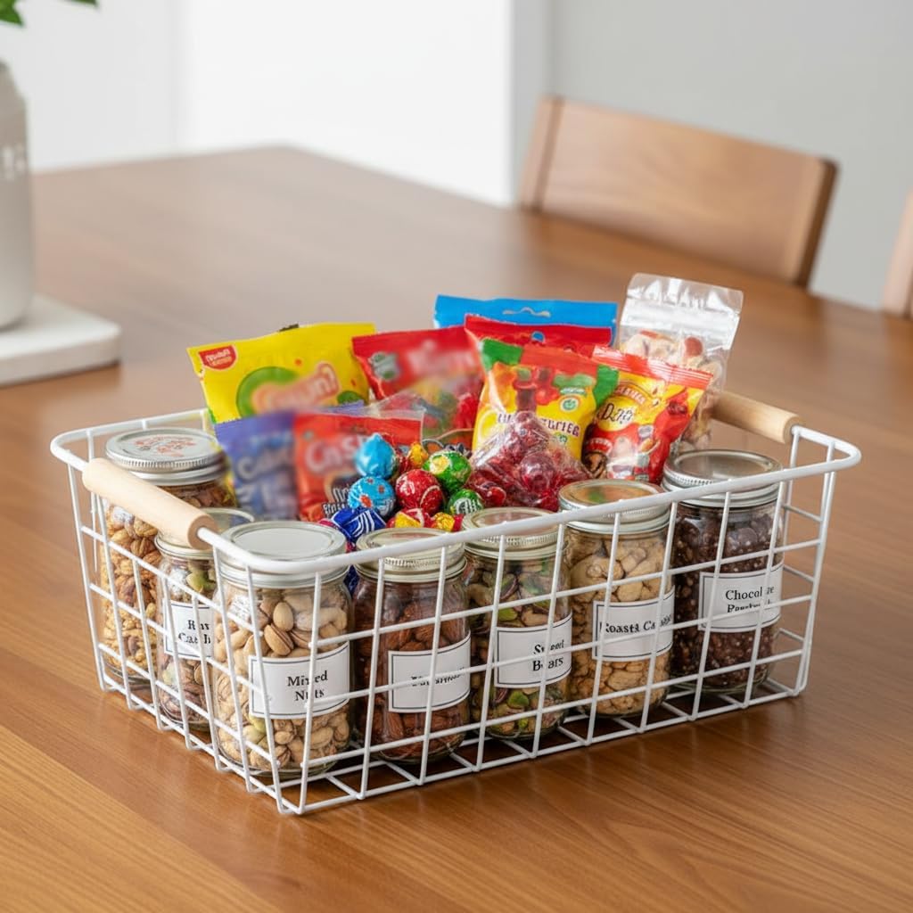 LeleCAT Large black wire basket for Organizing with Wooden Handles,pantry refrigerator organizers and storage,Snack Storage Baskets for Cabinets, Closets, Bedrooms, kitchen -2pack（Black）