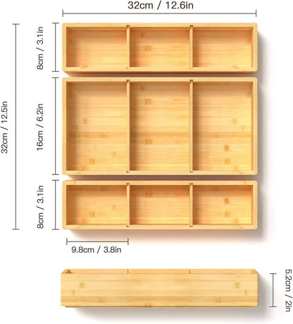 Bamboo Drawer Organizer 12.5'' X 12.5'' X 2'', Adjustable 3 Individual Junk Drawer organizer for Bathroom and Kitchen, Wood Drawer Tea Organier Boxes for Silverware, Make up and Tea Bag