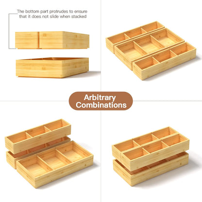 Bamboo Drawer Organizer 12.5'' X 12.5'' X 2'', Adjustable 3 Individual Junk Drawer organizer for Bathroom and Kitchen, Wood Drawer Tea Organier Boxes for Silverware, Make up and Tea Bag