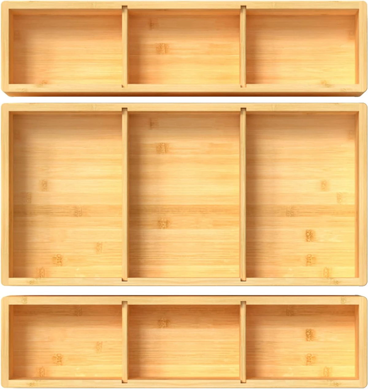 Bamboo Drawer Organizer 12.5'' X 12.5'' X 2'', Adjustable 3 Individual Junk Drawer organizer for Bathroom and Kitchen, Wood Drawer Tea Organier Boxes for Silverware, Make up and Tea Bag