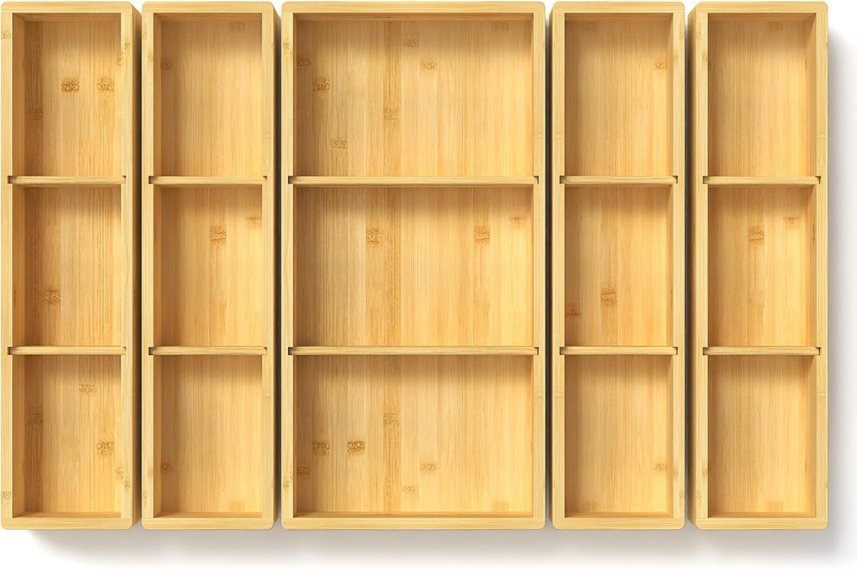 Bamboo Drawer Organizer 12.5'' X 12.5'' X 2'', Adjustable 3 Individual Junk Drawer organizer for Bathroom and Kitchen, Wood Drawer Tea Organier Boxes for Silverware, Make up and Tea Bag
