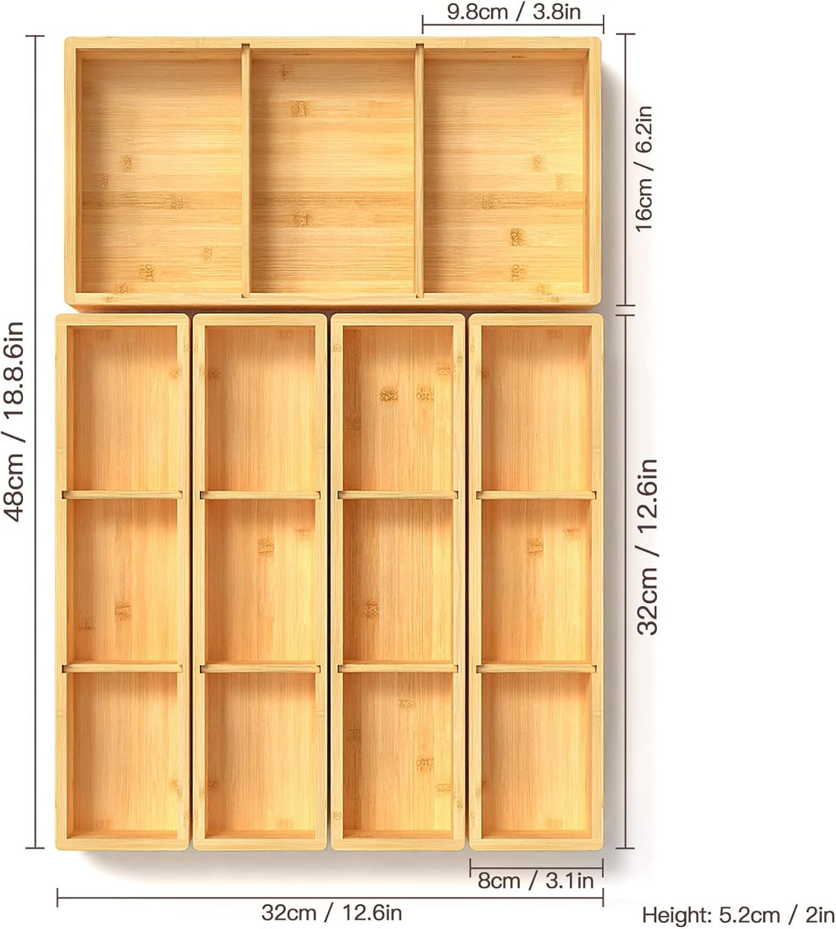 Bamboo Drawer Organizer 12.5'' X 12.5'' X 2'', Adjustable 3 Individual Junk Drawer organizer for Bathroom and Kitchen, Wood Drawer Tea Organier Boxes for Silverware, Make up and Tea Bag
