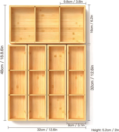Bamboo Drawer Organizer 12.5'' X 12.5'' X 2'', Adjustable 3 Individual Junk Drawer organizer for Bathroom and Kitchen, Wood Drawer Tea Organier Boxes for Silverware, Make up and Tea Bag