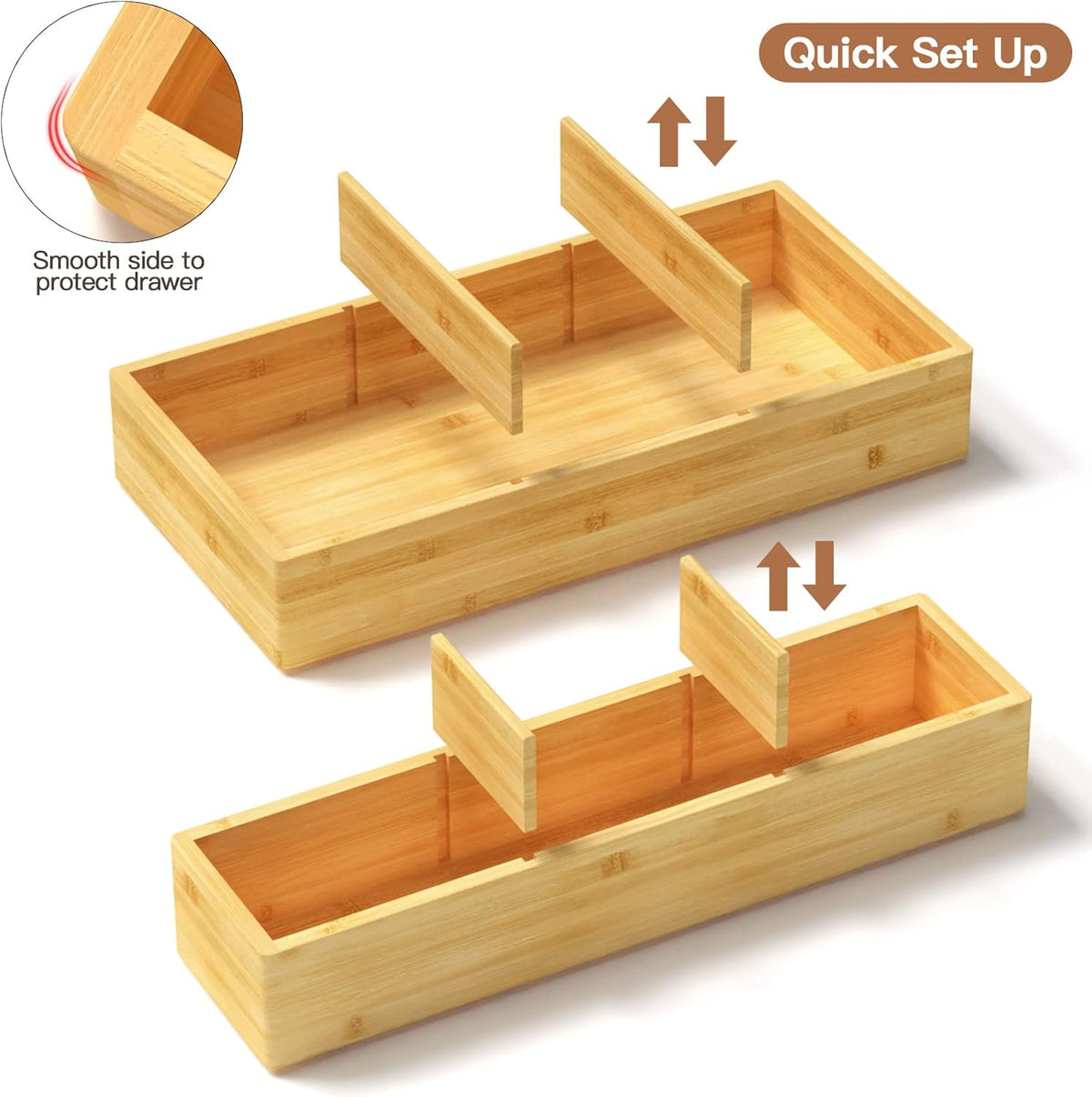 Bamboo Drawer Organizer 12.5'' X 12.5'' X 2'', Adjustable 3 Individual Junk Drawer organizer for Bathroom and Kitchen, Wood Drawer Tea Organier Boxes for Silverware, Make up and Tea Bag