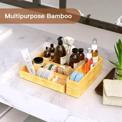 Bamboo Drawer Organizer 12.5'' X 12.5'' X 2'', Adjustable 3 Individual Junk Drawer organizer for Bathroom and Kitchen, Wood Drawer Tea Organier Boxes for Silverware, Make up and Tea Bag