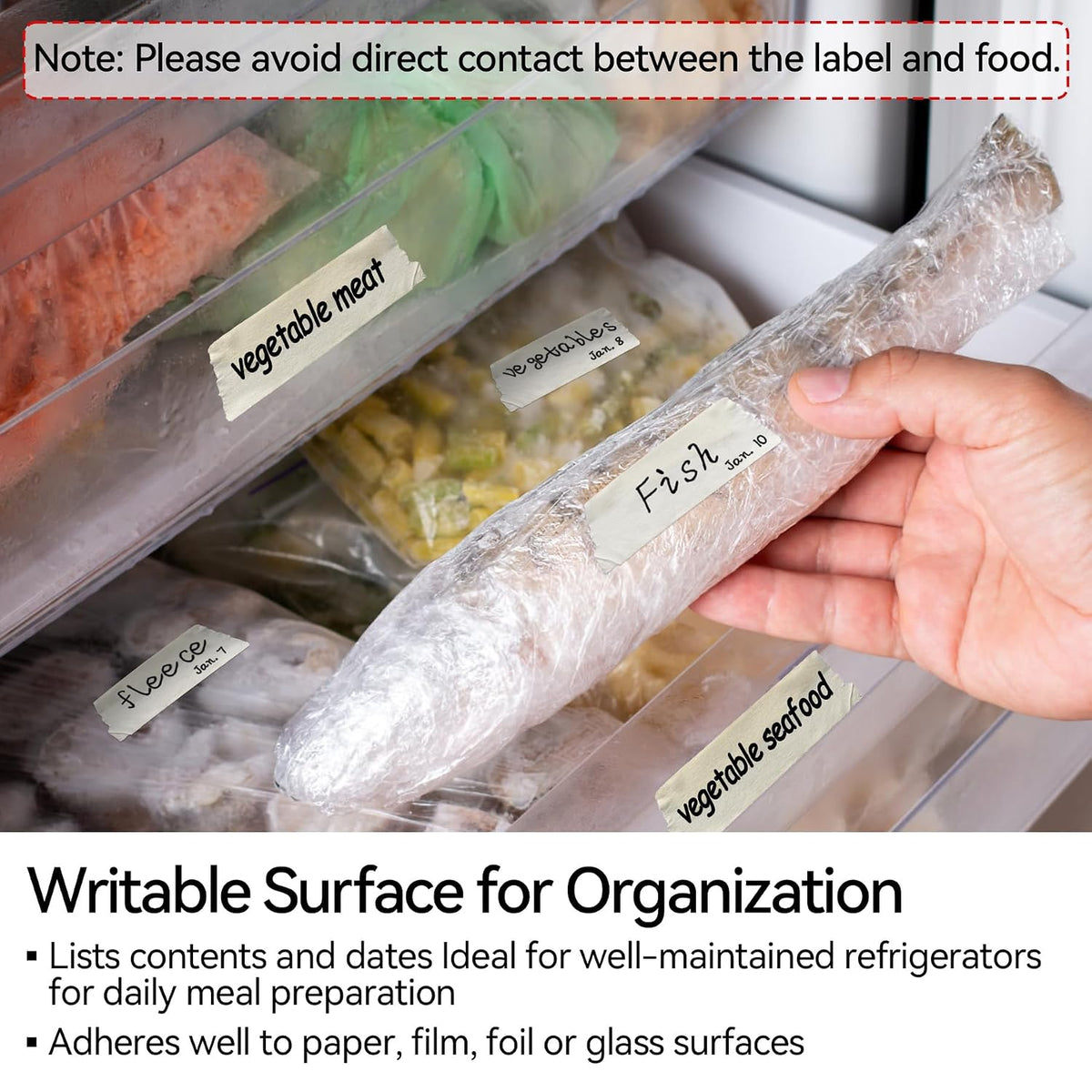 164 Yards Freezer Tape, Writable Surface, Low Temperature Resistance, Easy Tear and Residue-Free Removal, Ideal for Food Containers and Refrigerators, Includes 3 Rolls, Each 0.79 Inch by 54.68 Yards