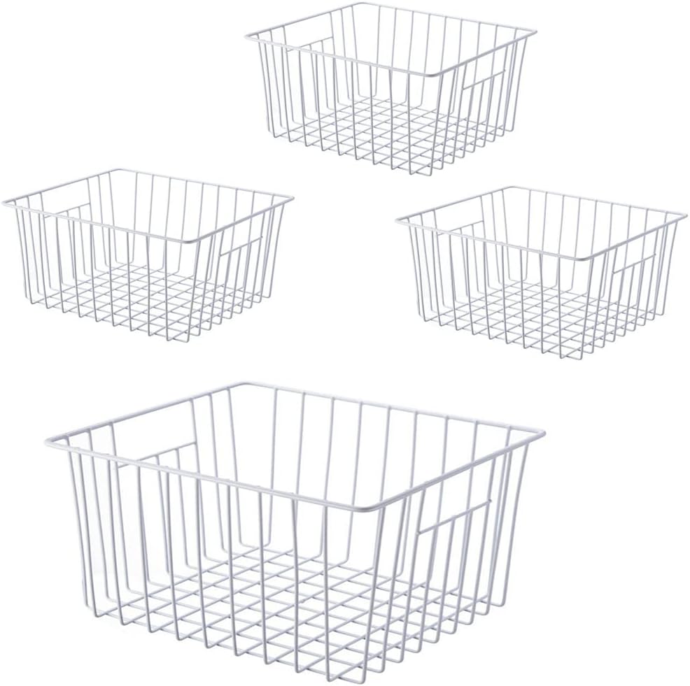 Upright Freezer Organizer Bins， Freezer Baskets for 14, 15 cu.ft Standup Freezer, Wire Storage Baskets with Built-in Handles for Frozen Foods, Snacks, Vegetables, Fruits and More, White