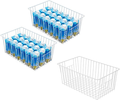 Upright Freezer Organizer Bins， Freezer Baskets for 14, 15 cu.ft Standup Freezer, Wire Storage Baskets with Built-in Handles for Frozen Foods, Snacks, Vegetables, Fruits and More, White