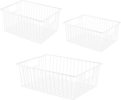 Upright Freezer Organizer Bins， Freezer Baskets for 14, 15 cu.ft Standup Freezer, Wire Storage Baskets with Built-in Handles for Frozen Foods, Snacks, Vegetables, Fruits and More, White