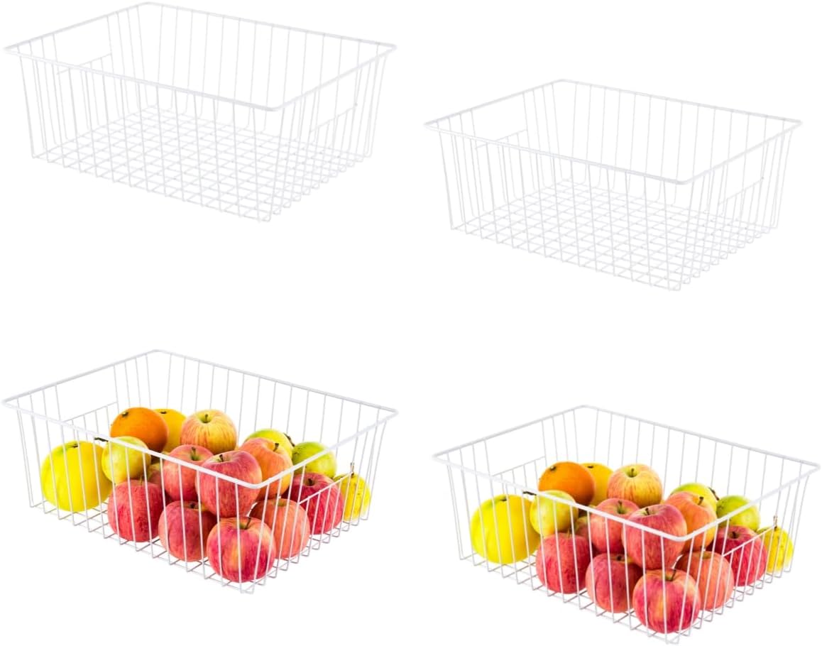 Upright Freezer Organizer Bins， Freezer Baskets for 14, 15 cu.ft Standup Freezer, Wire Storage Baskets with Built-in Handles for Frozen Foods, Snacks, Vegetables, Fruits and More, White
