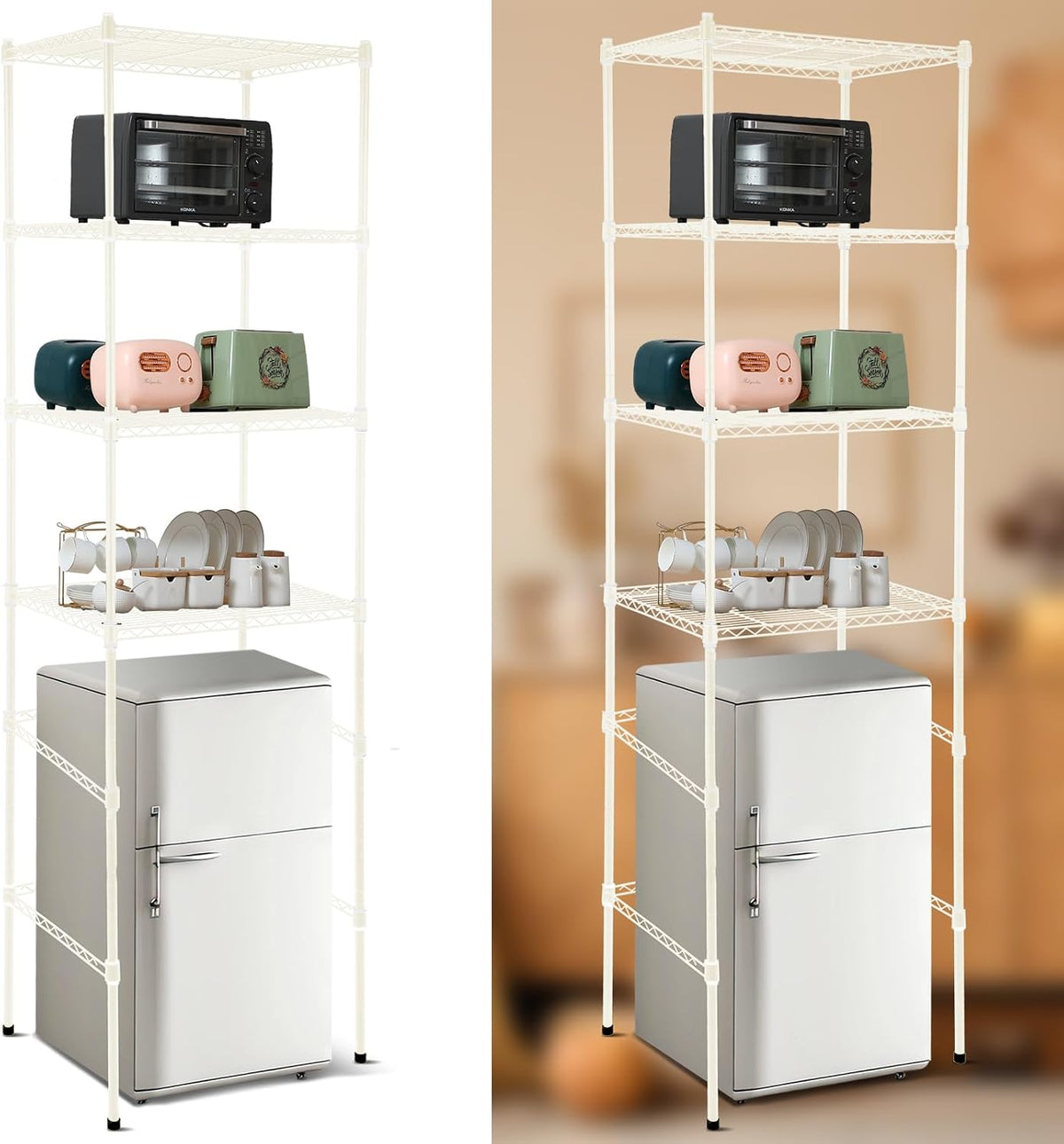 4 Tier Mini Fridge Shelf for Dorm Over Fridge Storage and Microwave Stand Adjustable Height Storage Shelf Metal Rack Organizer for Dorm College Rooms Kitchen Pantry(Black)