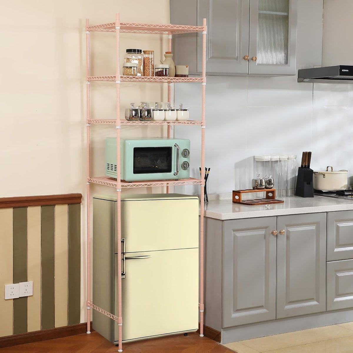 4 Tier Mini Fridge Shelf for Dorm Over Fridge Storage and Microwave Stand Adjustable Height Storage Shelf Metal Rack Organizer for Dorm College Rooms Kitchen Pantry(Black)