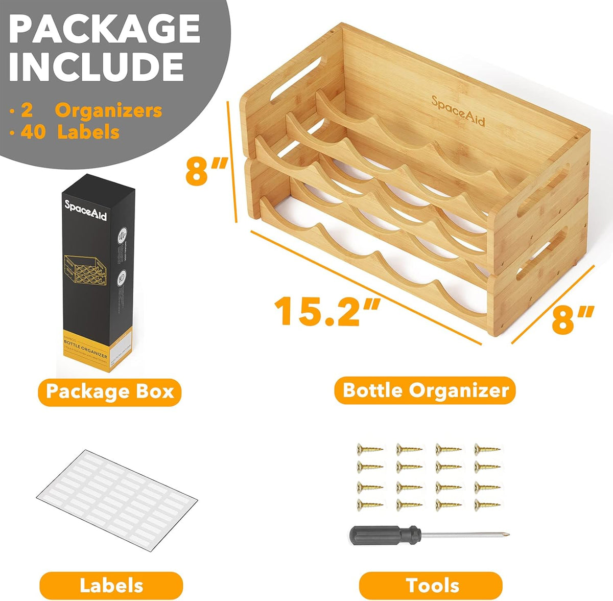 Bamboo Water Bottle Organizer with Labels, Kitchen Pantry Water Bottle Storage Rack for Cabinets, Home Cup and Wine Bottle Holder Shelf Organizers, 2 Pack 4-Slot, Hold 8 Bottles