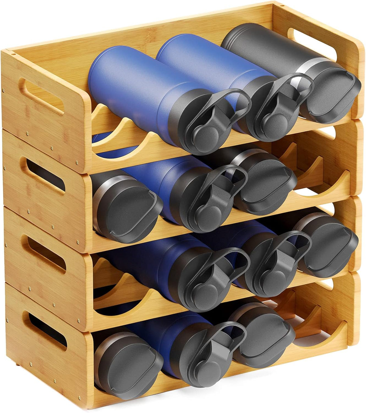 Bamboo Water Bottle Organizer with Labels, Kitchen Pantry Water Bottle Storage Rack for Cabinets, Home Cup and Wine Bottle Holder Shelf Organizers, 2 Pack 4-Slot, Hold 8 Bottles