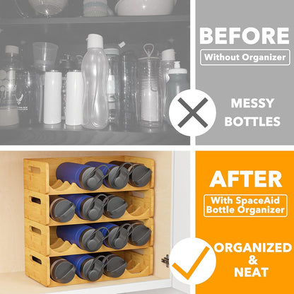Bamboo Water Bottle Organizer with Labels, Kitchen Pantry Water Bottle Storage Rack for Cabinets, Home Cup and Wine Bottle Holder Shelf Organizers, 2 Pack 4-Slot, Hold 8 Bottles