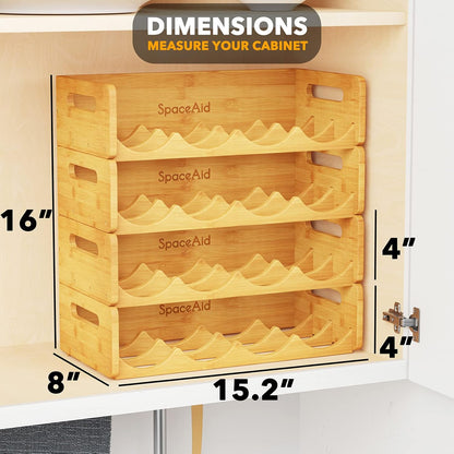 Bamboo Water Bottle Organizer with Labels, Kitchen Pantry Water Bottle Storage Rack for Cabinets, Home Cup and Wine Bottle Holder Shelf Organizers, 2 Pack 4-Slot, Hold 8 Bottles