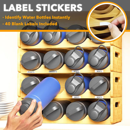 Bamboo Water Bottle Organizer with Labels, Kitchen Pantry Water Bottle Storage Rack for Cabinets, Home Cup and Wine Bottle Holder Shelf Organizers, 2 Pack 4-Slot, Hold 8 Bottles