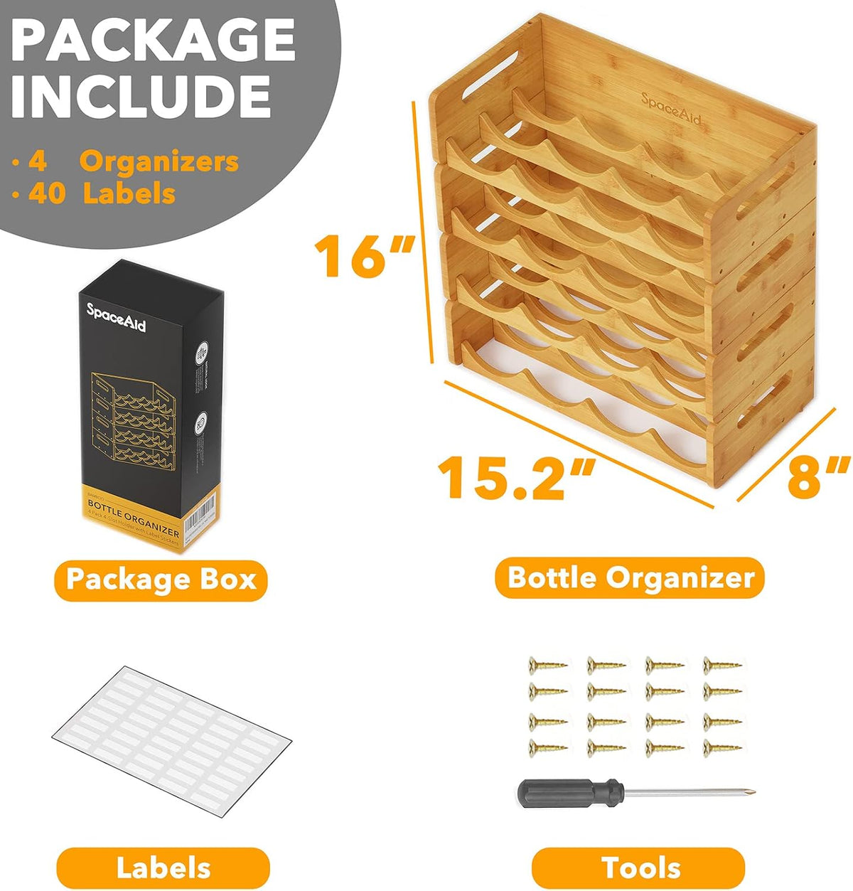 Bamboo Water Bottle Organizer with Labels, Kitchen Pantry Water Bottle Storage Rack for Cabinets, Home Cup and Wine Bottle Holder Shelf Organizers, 2 Pack 4-Slot, Hold 8 Bottles
