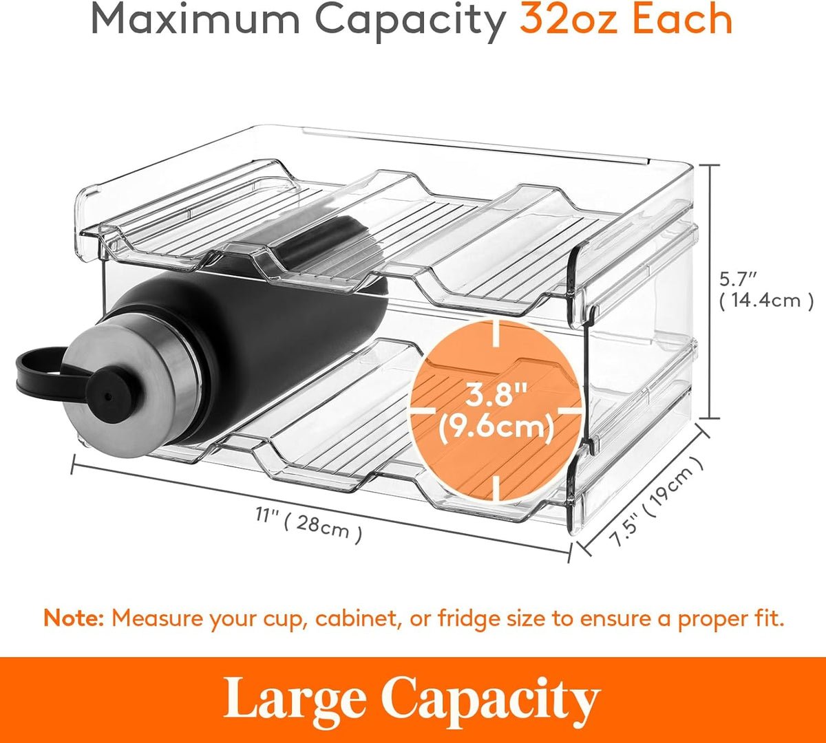 2 Tier Stackable Water Bottle Organizer for Cabinet, Plastic Bottle Holder Fits 6 Bottles/Tumblers up to 3.8" Diameter for Pantry/Countertop/Cupboard, 28 x 19 x 15 cm/11 x 7.5 x 5.7"