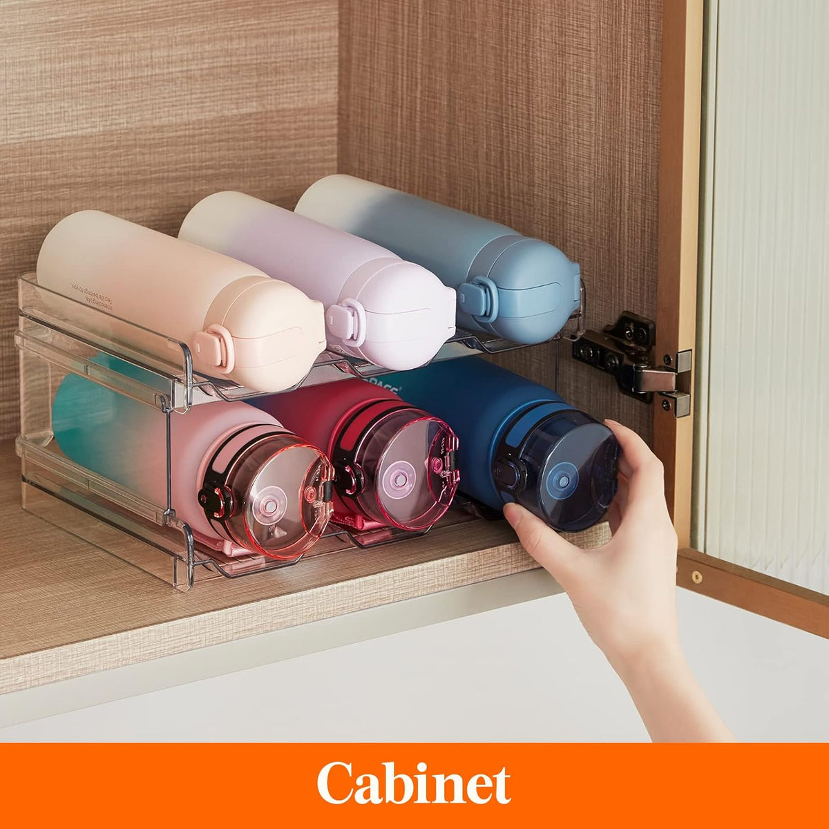 2 Tier Stackable Water Bottle Organizer for Cabinet, Plastic Bottle Holder Fits 6 Bottles/Tumblers up to 3.8" Diameter for Pantry/Countertop/Cupboard, 28 x 19 x 15 cm/11 x 7.5 x 5.7"